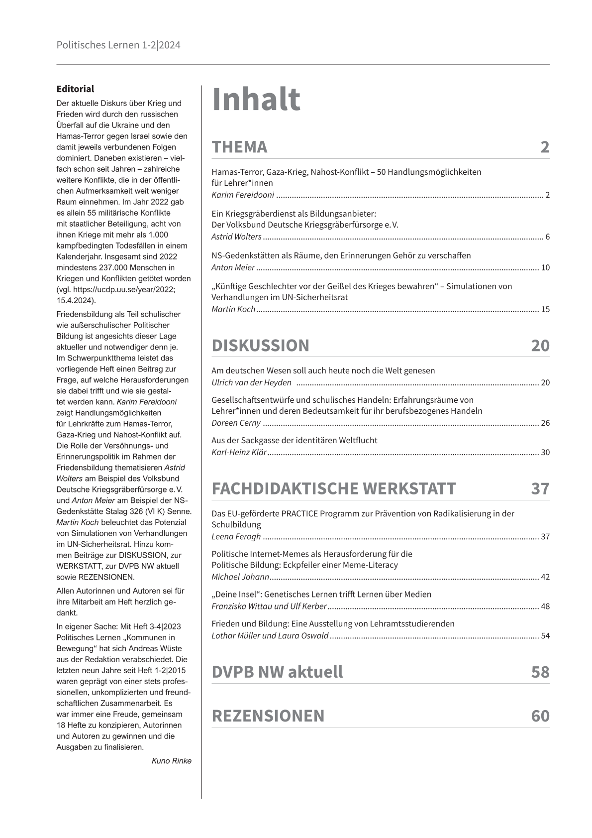 PL_2024_1-2 Friedensbildung_2-1 Inhaltsverzeichnis